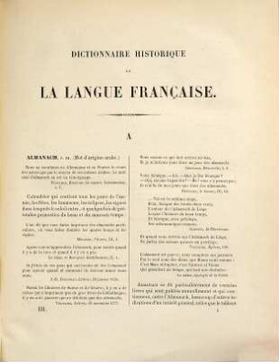 Dictionnaire historique de la langue française : comprenant l'origine, les formes diverses, les acceptions successives des mots, avec un choir d'exemples tirés des écrivains le plus autorisés, 3. Almanach - Ascendant
