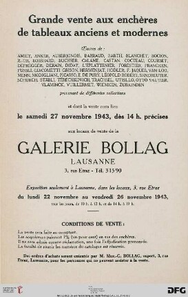 Grande vente aux enchères de tableaux anciens et modernes : oeuvres de: Amiet, Anker ... ; 27 novembre 1943