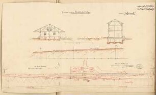 Bahnhofsanlage einer kleinen Industriestadt in Schlesien Monatskonkurrenz Dezember 1878: Lageplan, Geländeschnitt, 2 Querschnitte; 3 Maßstabsleisten