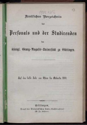 SS 1900: Amtliches Verzeichnis des Personals und der Studierenden der Königlichen Georg-Augusts-Universität zu Göttingen