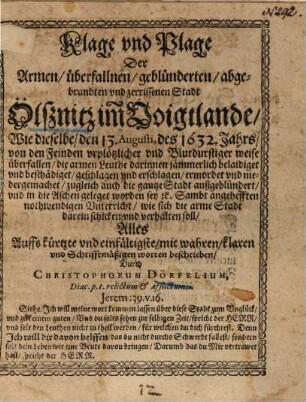 Klage und Plage der Armen, überfallenen ... Stadt Ölßnitz um Voigtlande ...