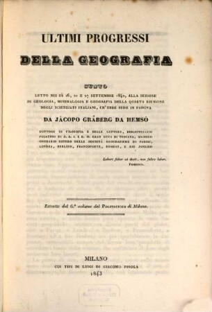 Ultimi progressi della geografia : Estratto dal ?? volume del Politecnico di Milano