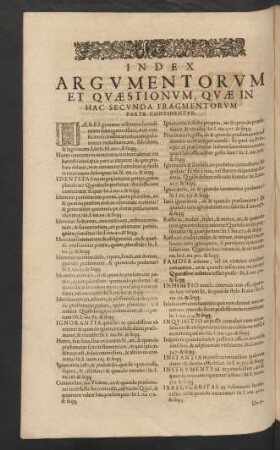 Index Argumentorum Et Quaestionum, Quae In Hac Secunda Fragmentorum Parte Continentur.
