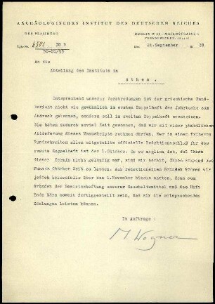 M. Wegner an DAI Athen