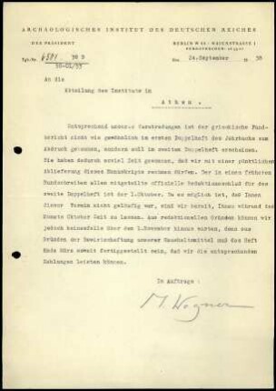 M. Wegner an DAI Athen