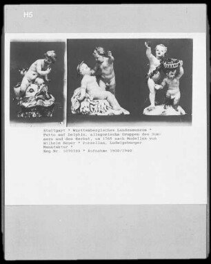 Putto auf Delphin, allegorische Gruppen des Sommers und Herbst