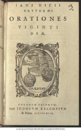 Iani Nicii Erythraei Orationes Viginti Duae