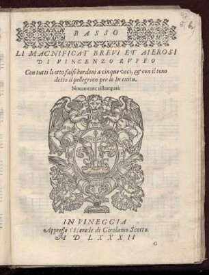 Vincenzo Ruffo: Li magnificat brevi et aierosi ... a cinque voci ... Basso