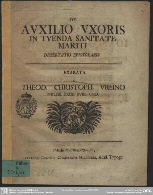 De Auxilio Uxoris In Tuenda Sanitate Mariti : Dissertatio Epistolaris
