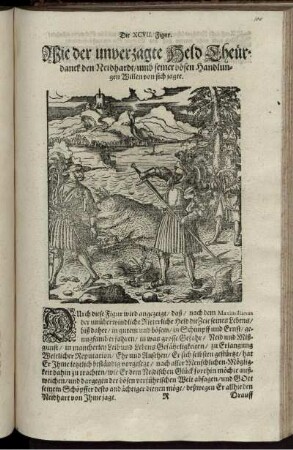 Die XCVII. Figur. Wie der unverzagte Held Theurdanck den Neidhardt/ umb seiner bösen Handlungen Willen von sich jagte