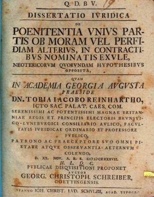 Diss. iur. de poenitentia unius partis ob moram vel perfidiam alterius, in contractibus nominatis exule