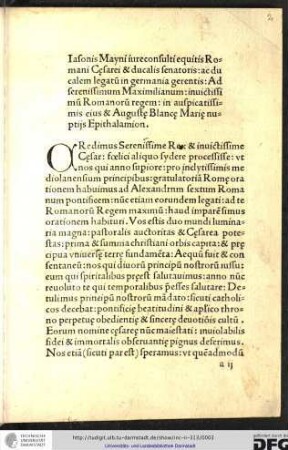 Iasonis Mayni iureconsulti equitis romani Caesarei et ducalis senatoris ac ducalem legatum in Germania gerentus, ad serenissimum Maximilianum, invictissimum Romanorum regem, in auspicatissimis eius & augustae Blancae Mariae nuptiis epithalamion.