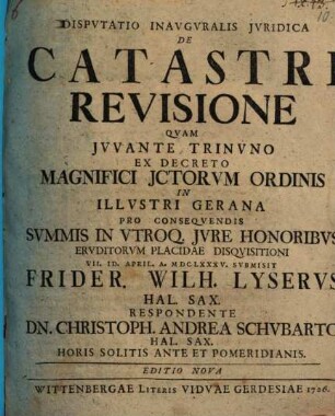Disp. inaug. iur. de catastri revisione