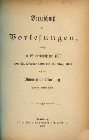 Verzeichnis der Vorlesungen. 1890/91. WH.