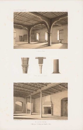 Schloss Chillon am Genfer See, Montreux: Perspektivische Innenansichten Speisesaal, Gerichtssaal, Details (aus: Atlas zur Zeitschrift für Bauwesen, hrsg. v. G. Erbkam, Jg. 10, 1860)