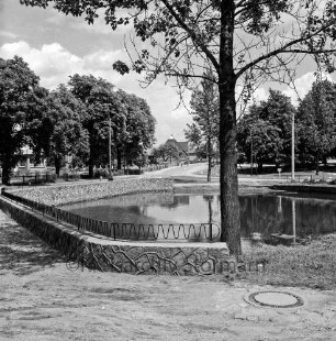 Dorfstraße: Dorfteich: vorn rechts Baum: vorn links Mäuerchen und Geländer: hinten Bäume und Häuser