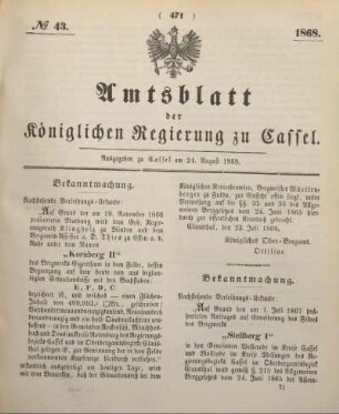 № 43. Ausgegeben zu Cassel am 24. August 1868.