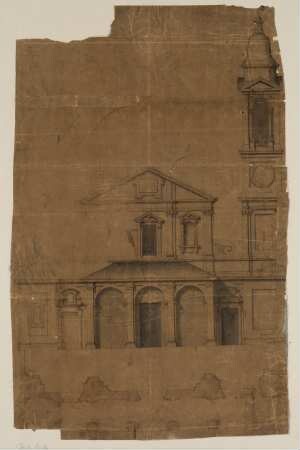 Aufriss und Grundriss einer Kirchenfassade mit Glockenturm, Norditalien