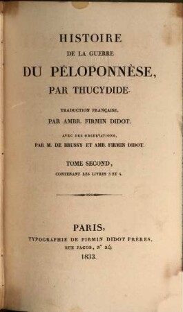 Thukydidu tu Oloru peri tu Peloponnēsiaku polemu biblia oktō, 2 : contenant les livres 3 et 4