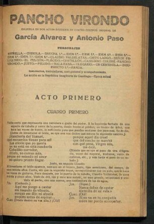 Pancho Virondo : zarzuela en dos actos, divididos en cuatro cuadros
