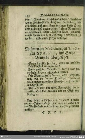 Nahmen der Medicinischen Tractaten des Auteurs, ins Hoch-Teutsche übergesetzet