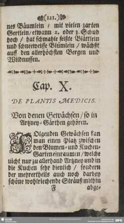 Cap. X. De Plantis Medicis. Von den Gewächsen, so in Artzney-Gärthen gehören