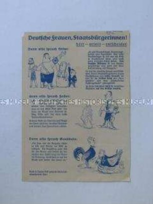 Illustriertes Flugblatt der Deutschen Staatspartei zur Reichstagswahl im Juli 1932 mit Aussagen führender Nationalsozialisten zur Rolle der Frau