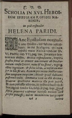 Scholia In XVI Heroidum Epistolam P. Ovidii Nasonis, in qua respondet Helena Paridi