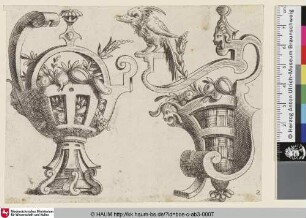 [Zwei ornamentale Vasen mit einem Vogel auf der rechten Vase; With two vases and a bird on top of the vase to the right]