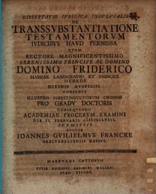 Diss. iur. inaug. de transsubstantiatione testamentorum iudicibus haud permissa