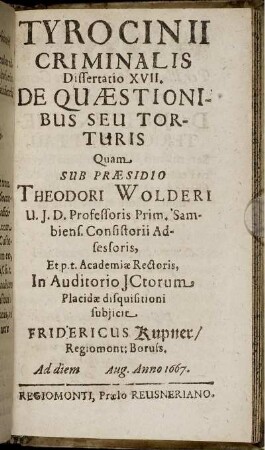 Dissertatio XVII. De Quaestionibus Seu Torturis