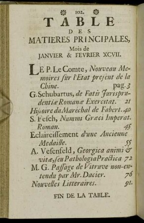 Table Des Matieres Principales, Mois de Janvier & Fevrier XCVII.