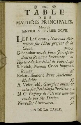 Table Des Matieres Principales, Mois de Janvier & Fevrier XCVII.