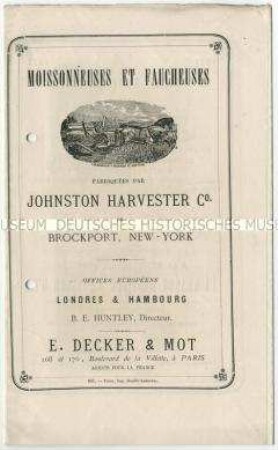 Landwirtschaftliche Maschinen der Johnston Harvester Company in USA