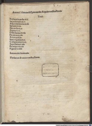 Epitoma seu regulae constructionis : mit Widmungsbrief des Autors an Nicolaus Rubeus, Venedig 30.9.1492, und mit einem Verzeichnis seiner Werke