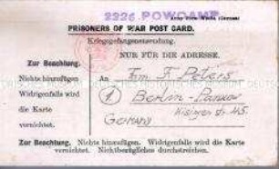 Vordruck-Postkarte aus einem englischen Kriegsgefangenenlager