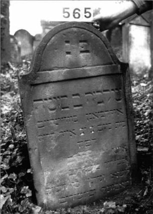 Grabstein 565 (Index: 99802795) Material: Sandstein Zustand: unten z. T. abgeblätt/eingesunk/Textverl. Maße HxBxT: 94x56x11 cm Beschreibung: Stele mit Karniesbogen, profiliertem Rand, Giebelfeld: Grabstein 565