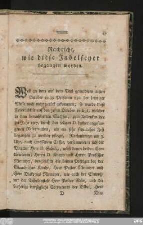 Nachricht, wie diese Jubelfeyer begangen worden.