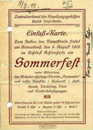 Eintrittskarte für ein Sommerfest des Zentralverbandes der Handlungsgehilfen