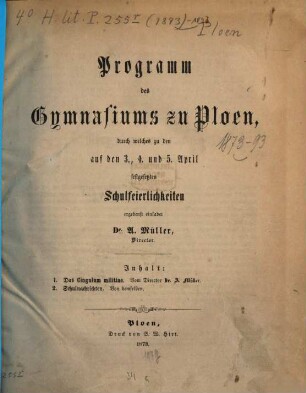 Programm des Königlichen Gymnasiums zu Ploen : Ostern ..., 1872/73
