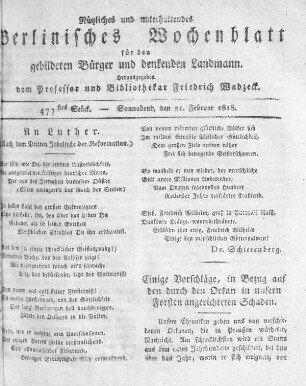 477stes Stück, Sonnabend den 21. Februar 1818