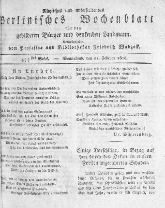 477stes Stück, Sonnabend den 21. Februar 1818