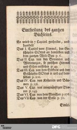 Eintheilung des gantzen Büchleins.
