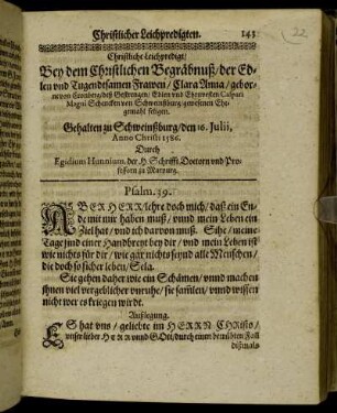 Christliche Leichpredigt/ Bey dem Christlichen Begräbnuß/ der Edlen und Tugendsamen Frawen/ Clara Anna/ geborne von Cronberg [...]