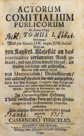 Actorum Comitialium Publicorum de Anno ... Tomus ..., 1744,1