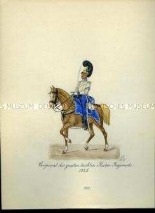 Uniformdarstellung, Korporal des 2. leichten Reiter-Regiments zu Pferd, 1825. Aus: Sammelmappe "Sachsens Militär", Königliche Arsenalsammlung.