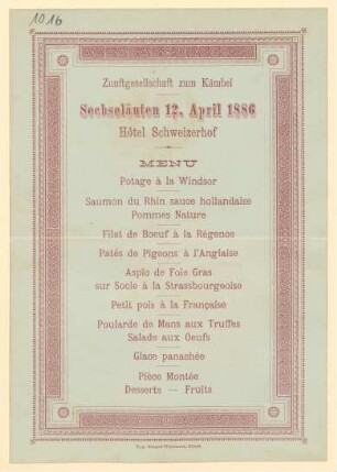 Menükarte : Zunftgesellschaft zum Kambel, Hotel Schweizerhof