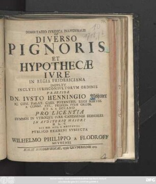 Dissertatio Ivridica Inavgvralis De Diverso Pignoris Et Hypothecae Ivre