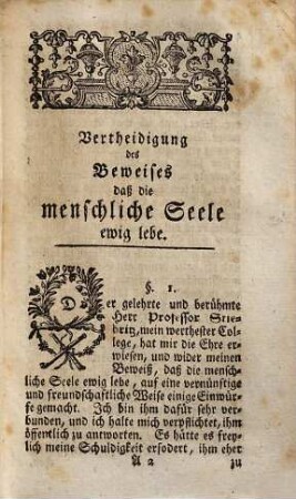 Abermalige Vertheidigung seines Beweises daß die Menschliche Seele ewig lebe