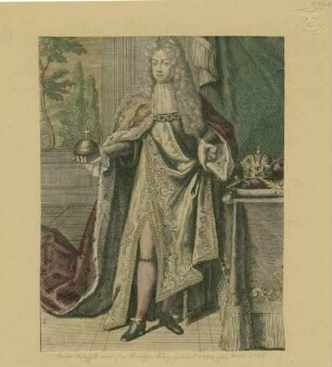 Kaiser Joseph II.von Österreich, König von Ungarn, stehend im Krönungsornat mit Reichsapfel, abgelegter Stephanskrone und Zepter, Brustbild in Halbprofil